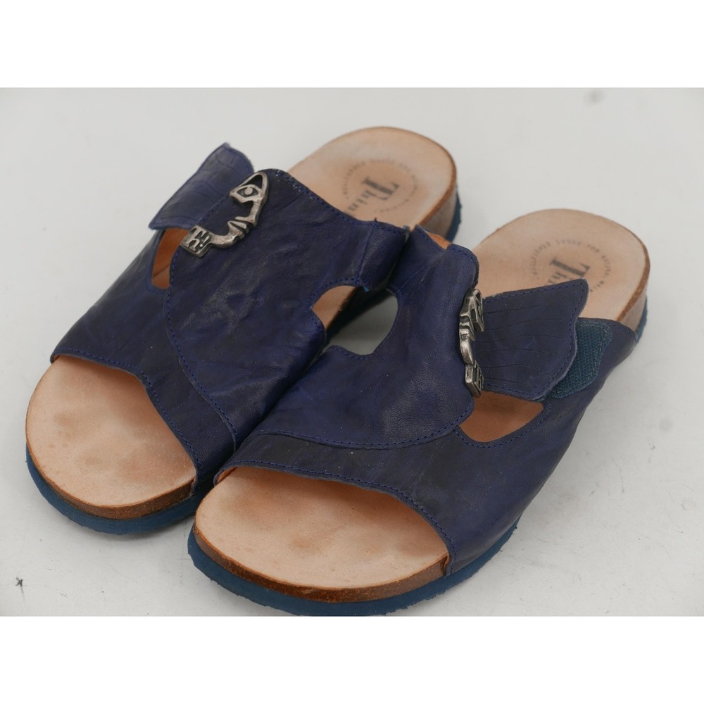 Think! Sandals Blue Leather Slide Wedge Comfort Medallion Women's Size 11 EU 42